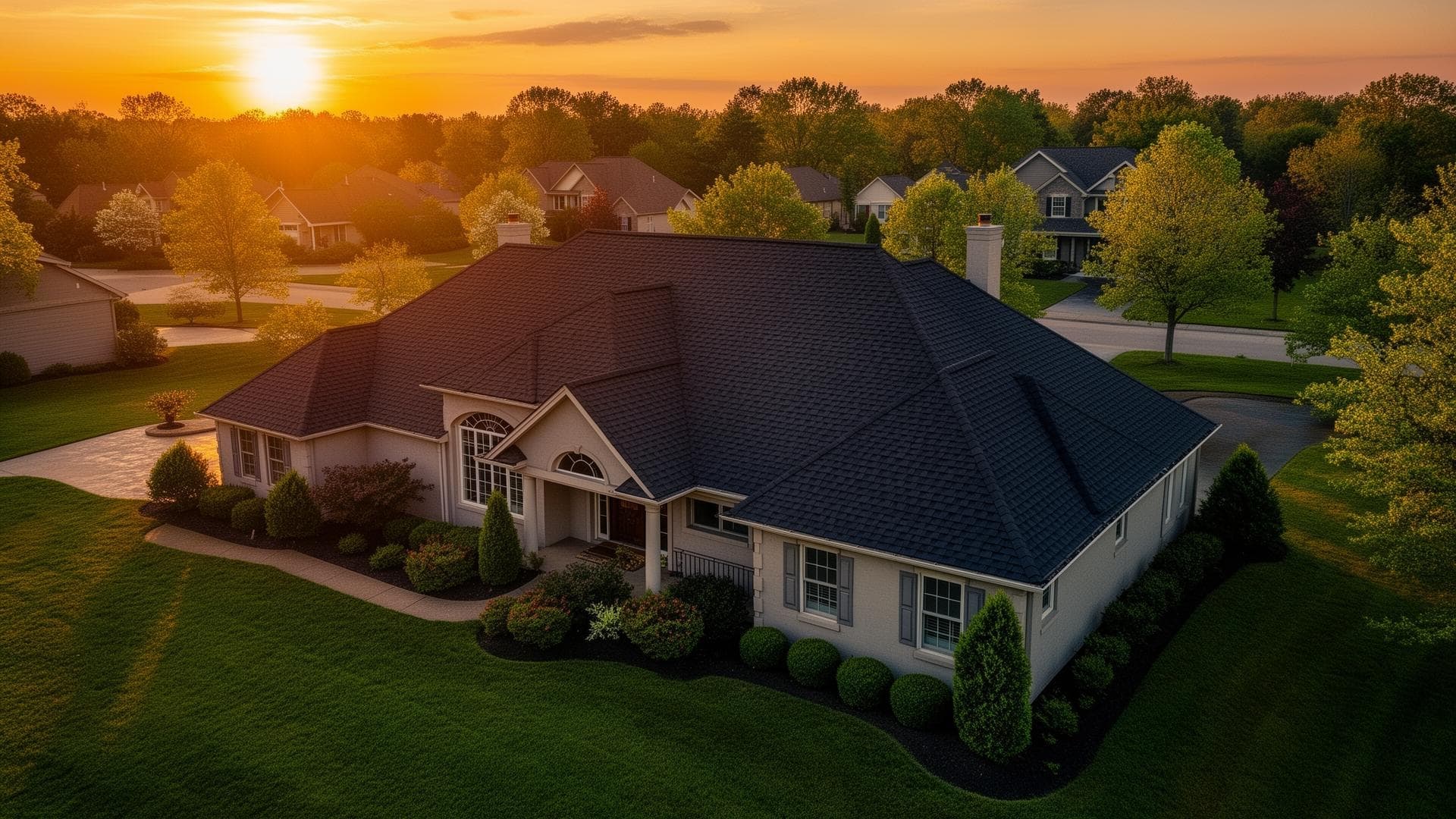 Beautiful home with new roof at sunset